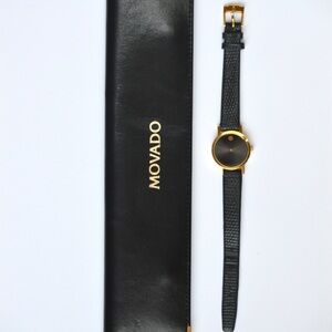 Movado Diamond Point Ladies Museum Watch with Black Leather Band